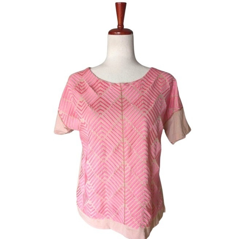 J.Crew Pink Chevron Embroidered Mixed Media Short Sleeve Top Small Boho Peach